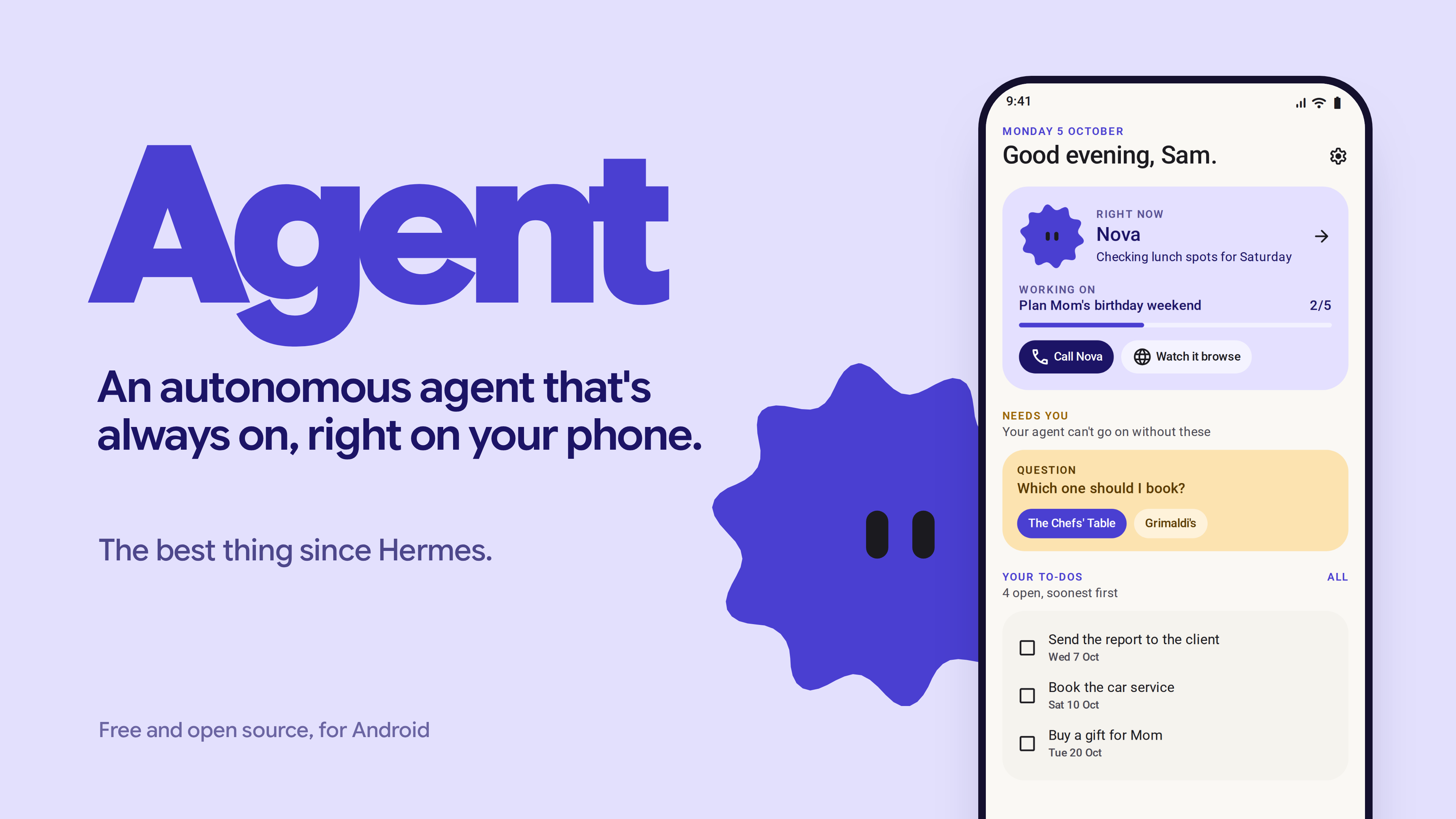 Agent's home screen: what it's working on, what needs you, and your to-dos
